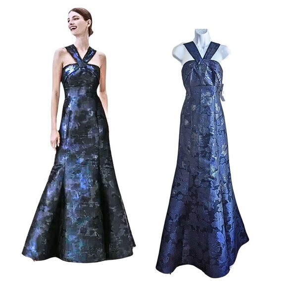 BHLDN Dresses & Skirts - NWT BHLDN Aidan Mattox Midnight Blue Damask Godet Halter Luxe Mermaid Gown Sz 4